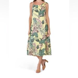 BELLA AMBRA Italy 100% Linen Tropical Flounce Midi Dress Shift Ruffle Size Large